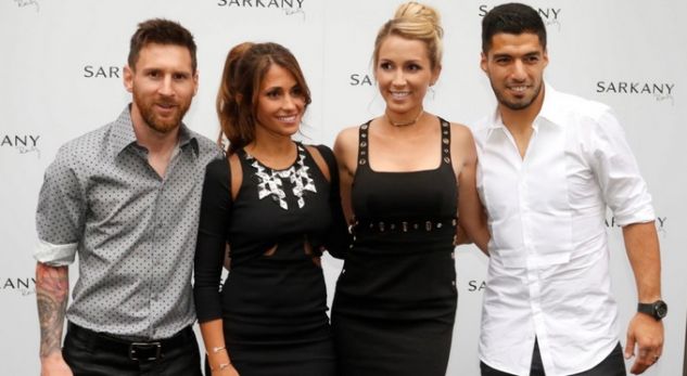 Lionel Messi and Luis Suarez with their wives Antonella Roccuzzo and Sofia Balbi.