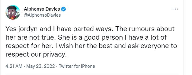 Davies tweet about his breakup with Jordyn Huitema